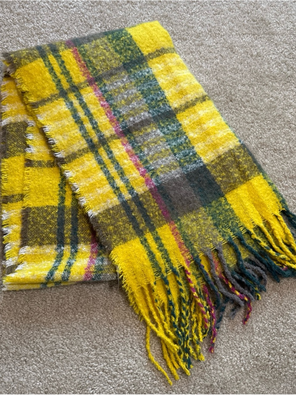 Urban Outfitters Yellow Plaid Fringe Scarf with Green and Pink Accents